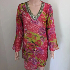 Sahiba Floral Tunic Beach Coverup Beaded Sheer Resortwear Summer V-Neck Boho